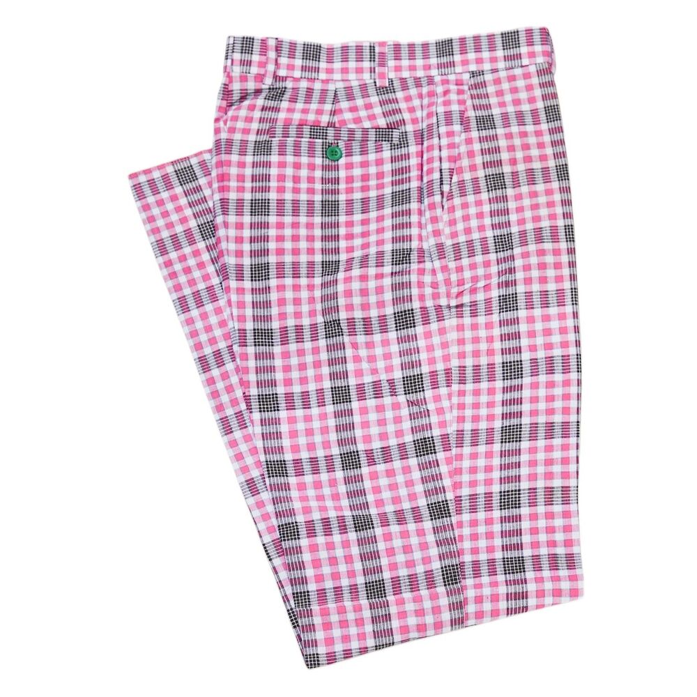 Mens 32 Pink Plaid Cotton Pants Check Straight Fit Flat Front Dress Trousers